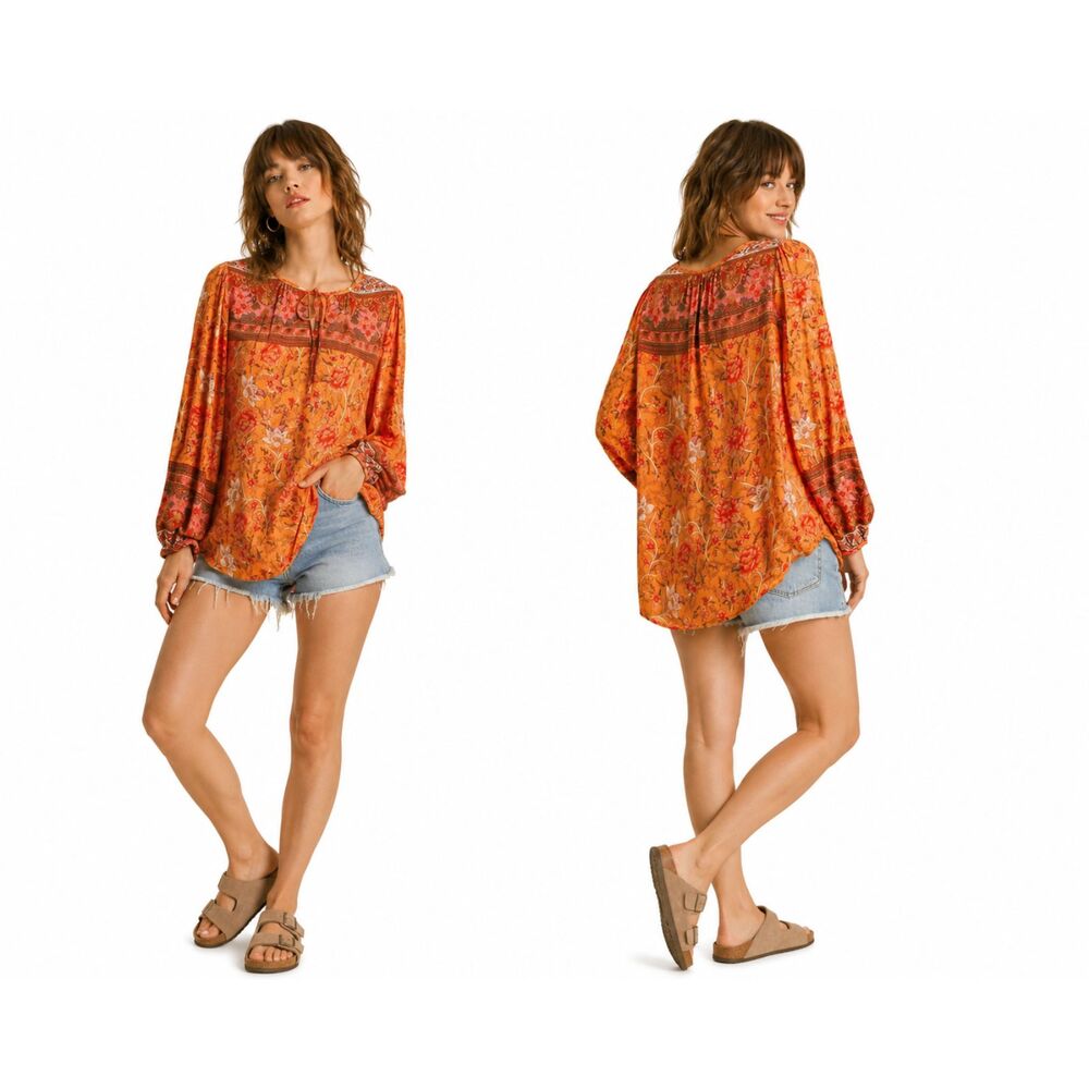 New Umgee M 8 10 Peach Mixed Floral Border Print Long Puff Sleeve Split Neck Top